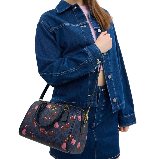 Coach Rowan Satchel Bag In Signature Canvas With Cherry Print Denim Multi # CY692