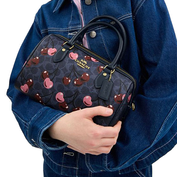 Coach Rowan Satchel Bag In Signature Canvas With Cherry Print Denim Multi # CY692