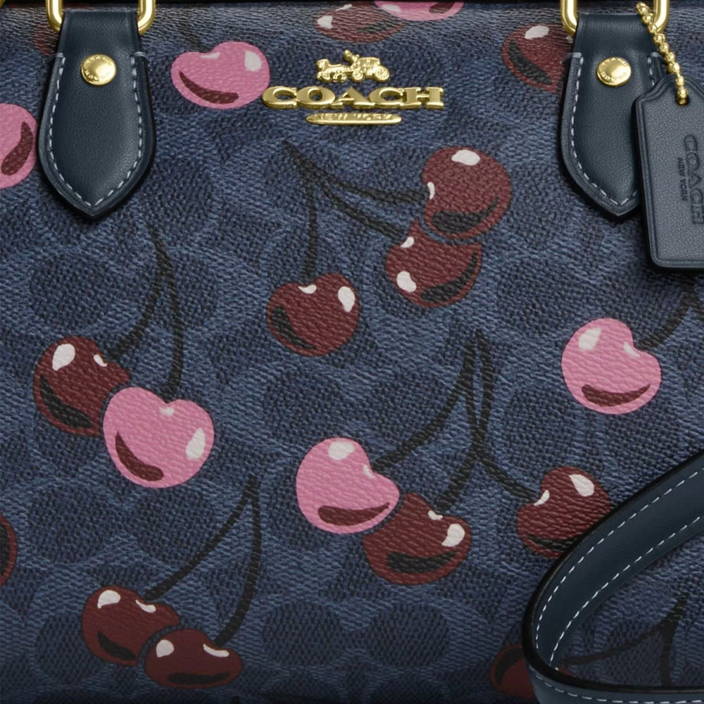 Coach Rowan Satchel Bag In Signature Canvas With Cherry Print Denim Multi # CY692