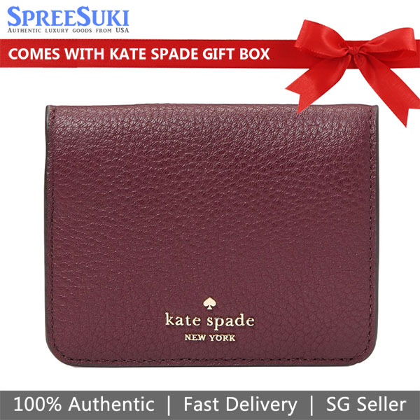 Kate Spade Small Wallet Lena Pebbled Leather Small Slim Bifold Wallet Cherrywood # KH788