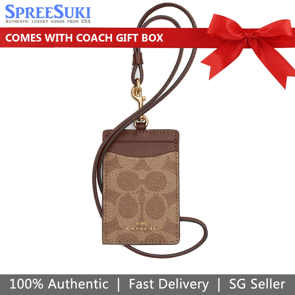 Coach Lanyard Id Signature Canvas Card Holder Card Case Tan Brown # CZ285