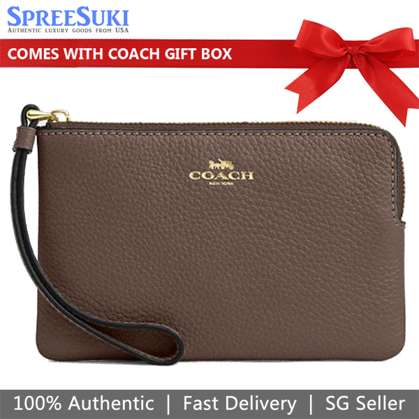 Coach Pebbled Leather Corner Zip Wristlet Dark Stone Grey Brown # CP483