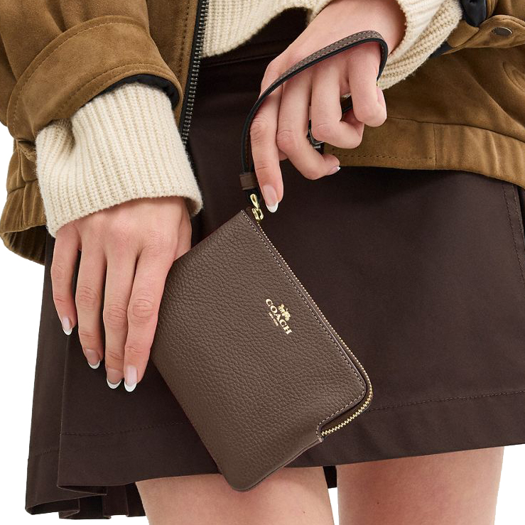 Coach Pebbled Leather Corner Zip Wristlet Dark Stone Grey Brown # CP483