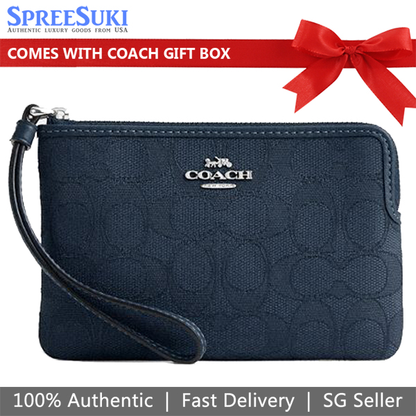 Coach Small Wristlet Corner Zip Signature Jacquard Dark Denim Blue # CW862