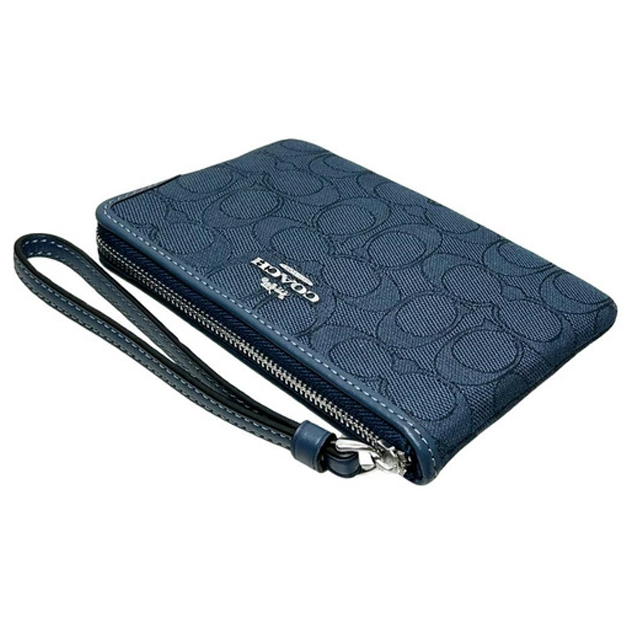 Coach Small Wristlet Corner Zip Signature Jacquard Dark Denim Blue # CW862