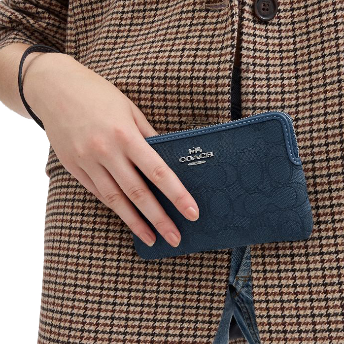 Coach Small Wristlet Corner Zip Signature Jacquard Dark Denim Blue # CW862
