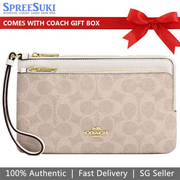 Coach Large Wristlet Double Zip Wallet Signature Canvas Sand Light Brown Beige Chalk White # CX161