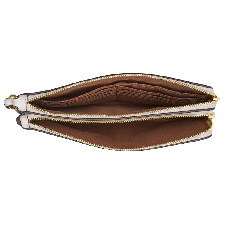 Coach Large Wristlet Double Zip Wallet Signature Canvas Sand Light Brown Beige Chalk White # CX161