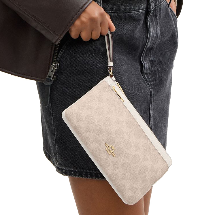 Coach Large Wristlet Double Zip Wallet Signature Canvas Sand Light Brown Beige Chalk White # CX161