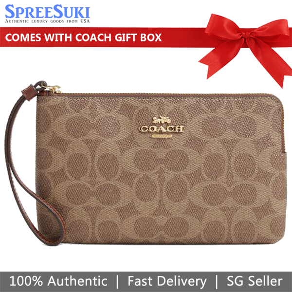 Coach Large Wristlet Large Corner Zip Signature Canvas Tan Brown # CZ277