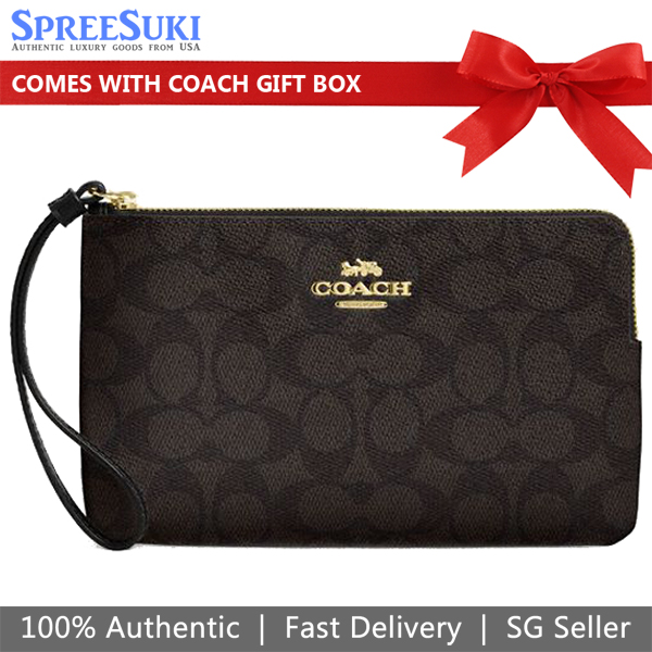 Coach Large Wristlet Large Corner Zip Signature Canvas Walnut Brown Black # CZ277