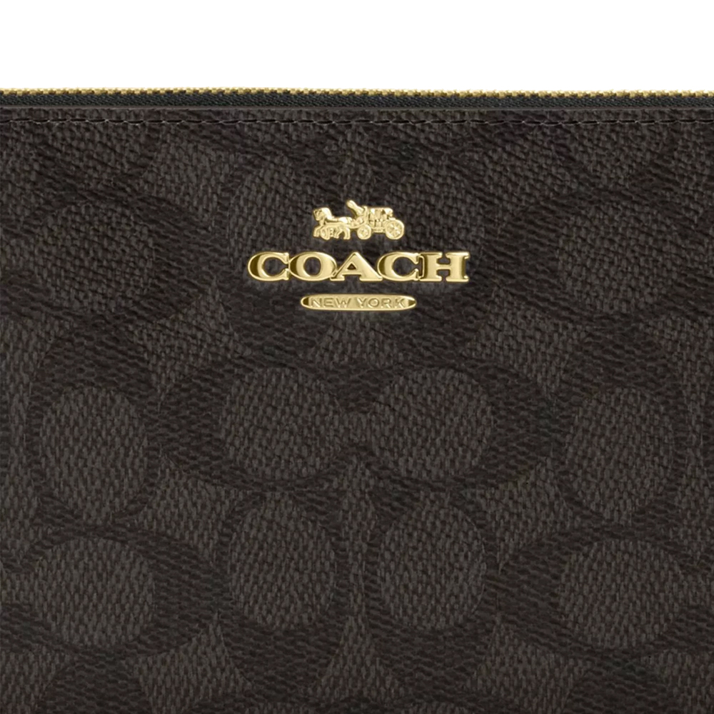 Coach Large Wristlet Large Corner Zip Signature Canvas Walnut Brown Black # CZ277