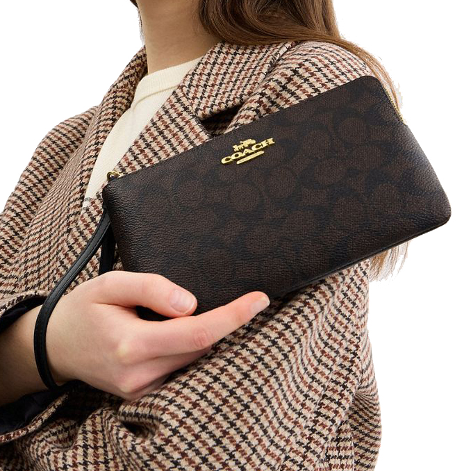 Coach Large Wristlet Large Corner Zip Signature Canvas Walnut Brown Black # CZ277