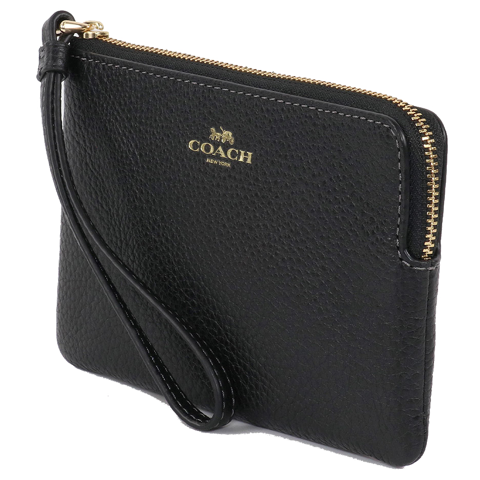 Coach Small Wristlet Pebbled Leather Corner Zip Wristlet Black # CP483