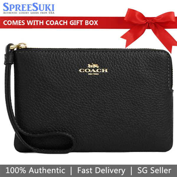 Coach Small Wristlet Pebbled Leather Corner Zip Wristlet Black # CP483