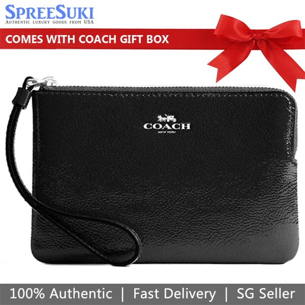 Coach Small Wristlet Corner Zip Crinkle Patent Wristlet Black # CW855
