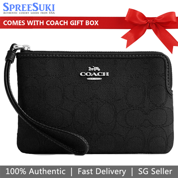 Coach Small Wristlet Corner Zip Signature Jacquard Wristlet Black # CW862