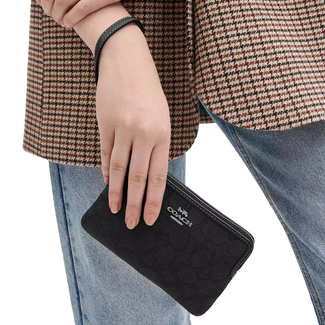Coach Small Wristlet Corner Zip Signature Jacquard Wristlet Black # CW862
