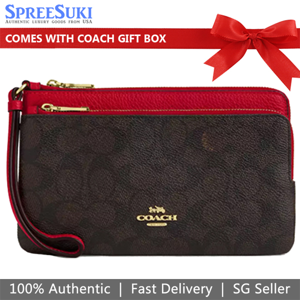 Coach Large Wristlet Double Zip Wallet Signature Canvas Walnut Brown Bold Red # CX161