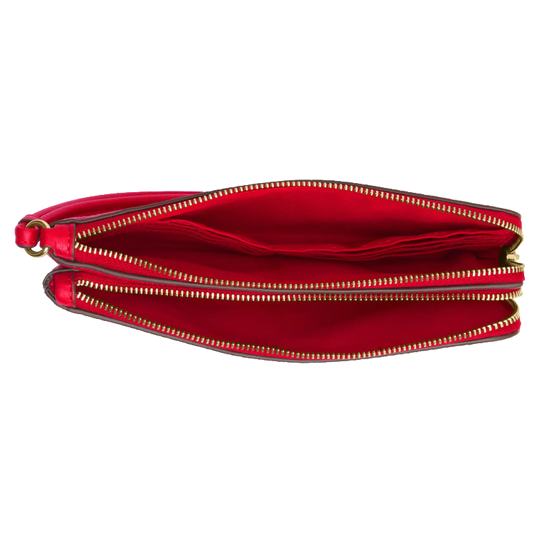 Coach Large Wristlet Double Zip Wallet Signature Canvas Walnut Brown Bold Red # CX161