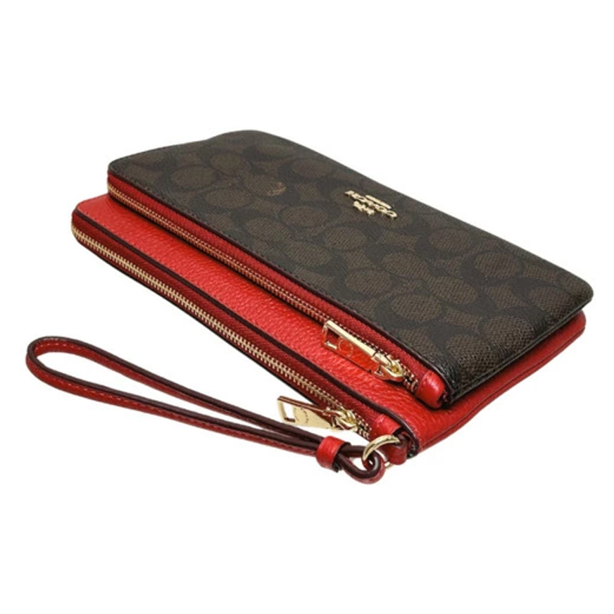 Coach Large Wristlet Double Zip Wallet Signature Canvas Walnut Brown Bold Red # CX161