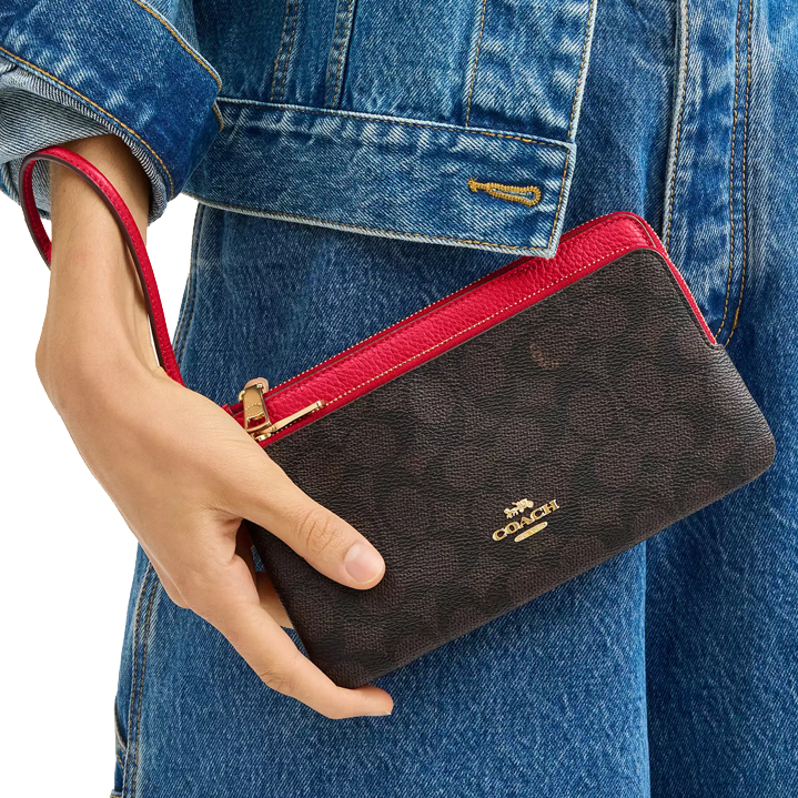 Coach Large Wristlet Double Zip Wallet Signature Canvas Walnut Brown Bold Red # CX161