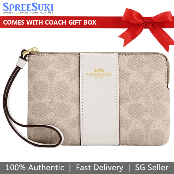 Coach Small Wristlet Corner Zip Signature Leather Stripe Sand Chalk # CW854