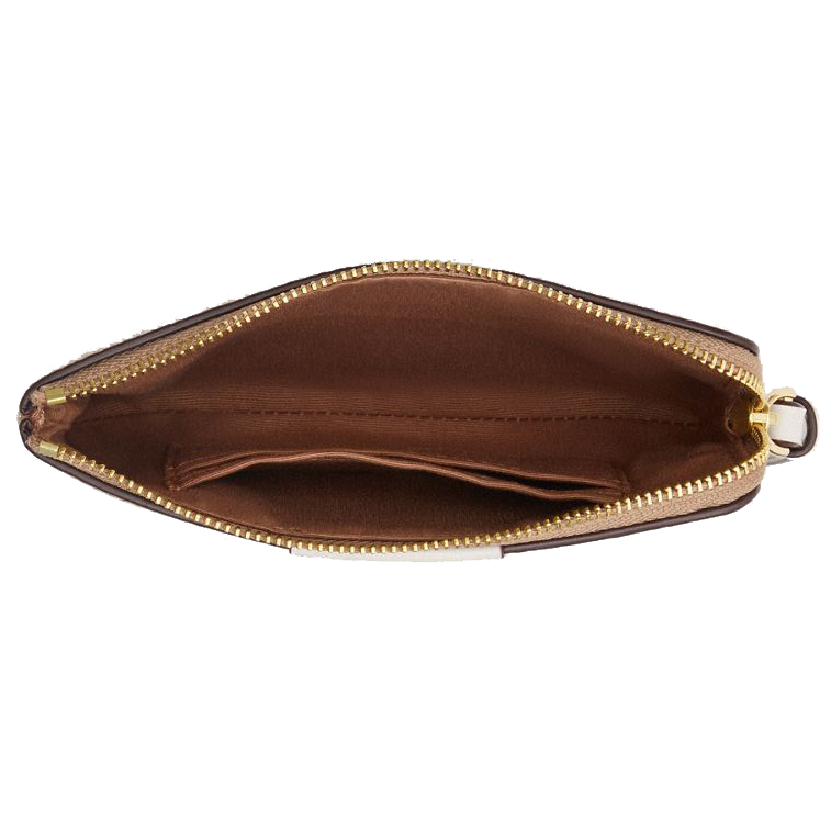 Coach Small Wristlet Corner Zip Signature Leather Stripe Sand Chalk # CW854