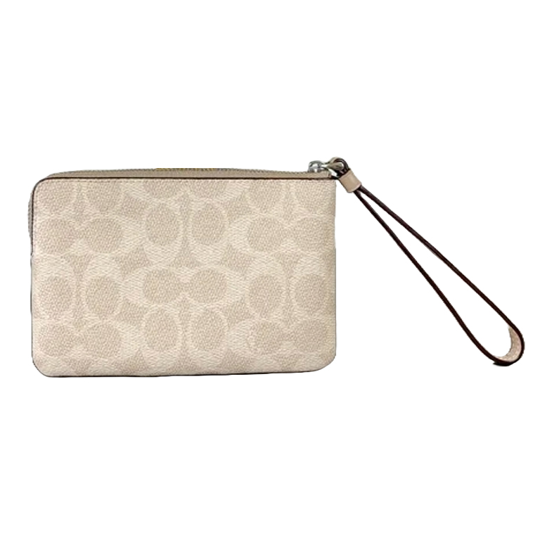 Coach Small Wristlet Corner Zip Signature Leather Stripe Sand Chalk # CW854