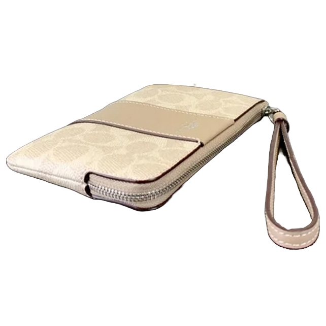 Coach Small Wristlet Corner Zip Signature Leather Stripe Sand Chalk # CW854