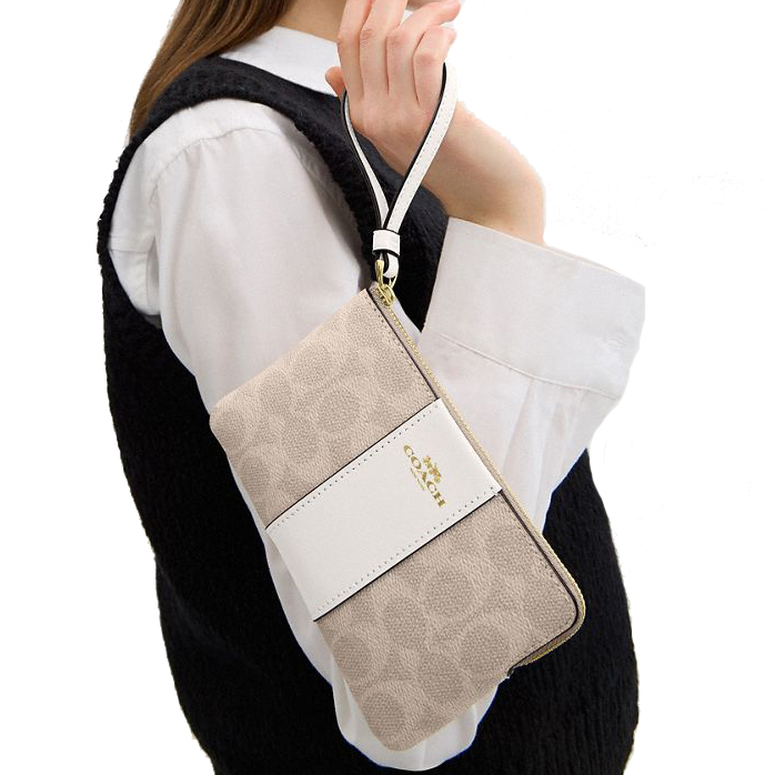 Coach Small Wristlet Corner Zip Signature Leather Stripe Sand Chalk # CW854