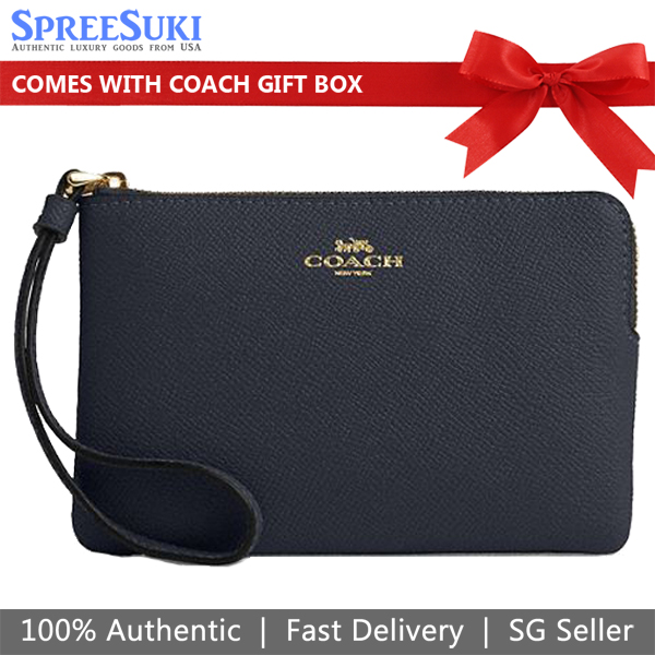 Coach Small Wristlet Crossgrain Leather Corner Zip Midnight Navy # CV396