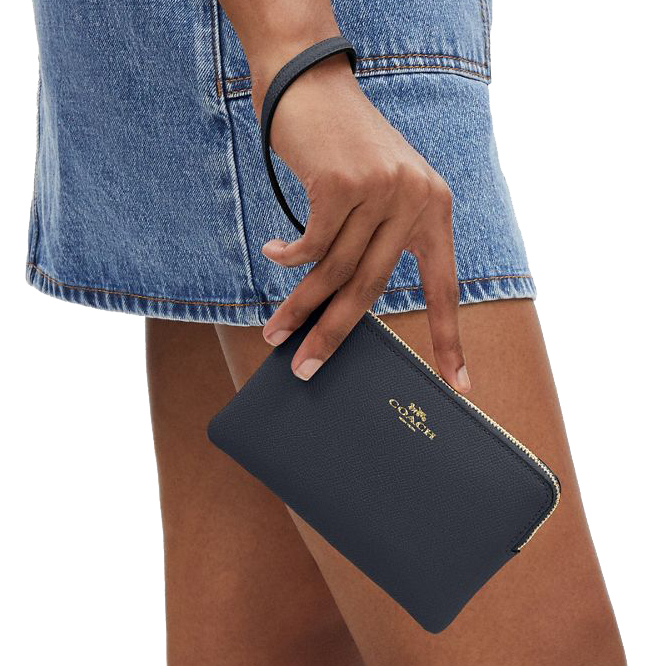 Coach Small Wristlet Crossgrain Leather Corner Zip Midnight Navy # CV396