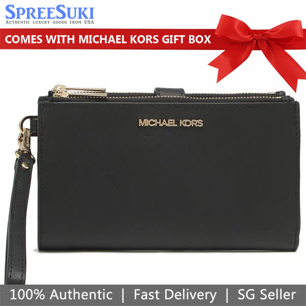 Michael Kors Long Wallet Jet Set Travel Large Double Zip Wristlet Black # 35F8GTVVW0L