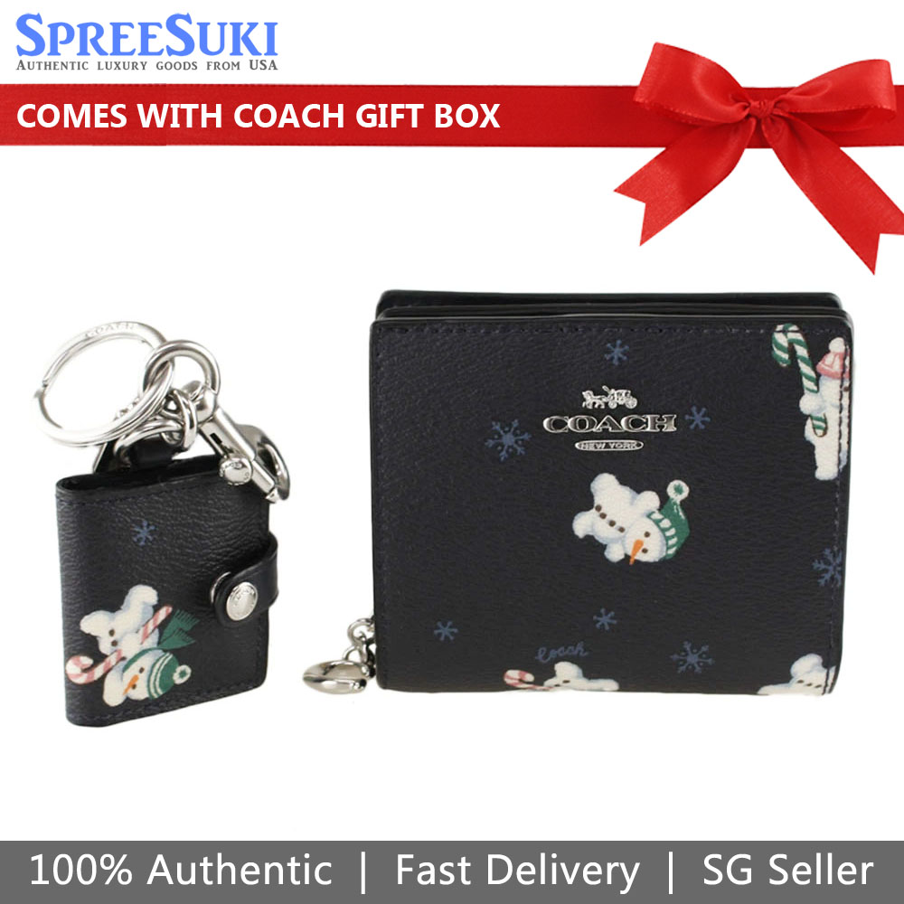 Coach Small Wallet Boxed Snap Wallet And Picture Frame Bag Charm With Snowman Print Midnight Dark Blue # C6941