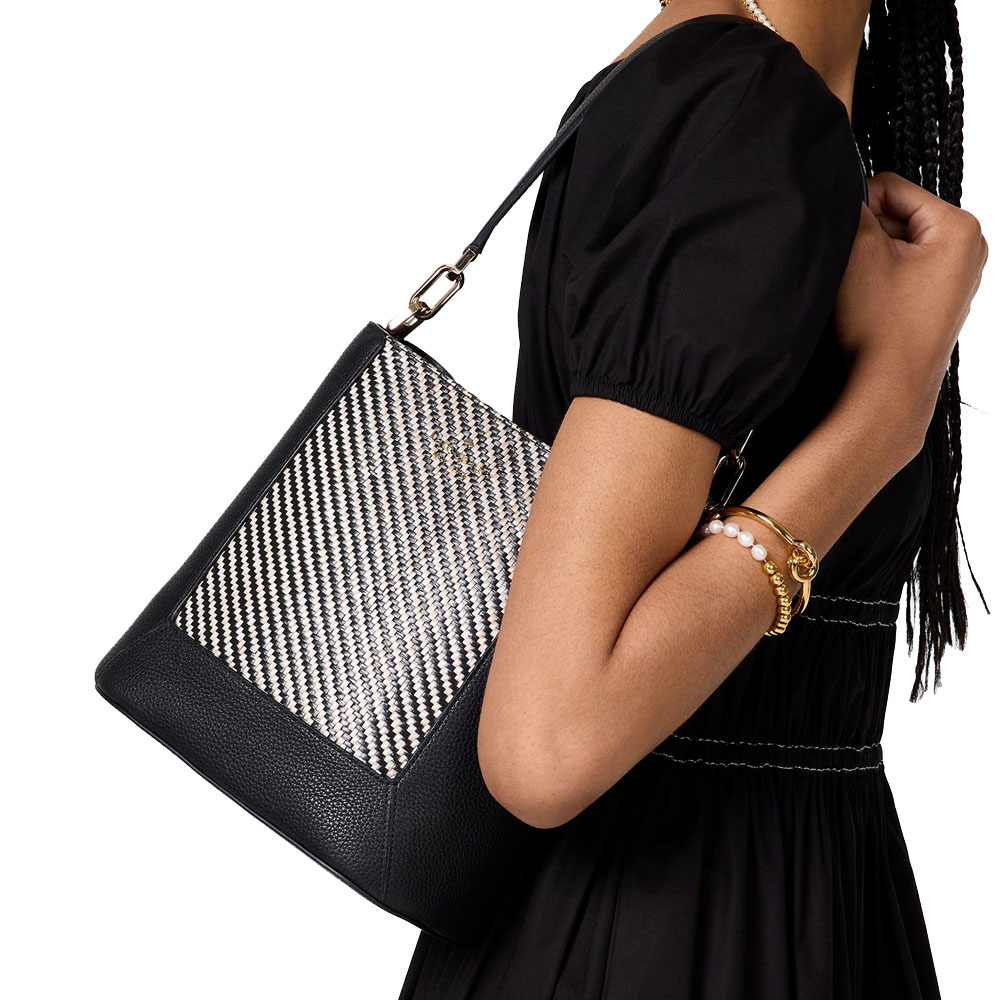 Kate Spade Lena Straw Bucket Bag Black Multi # KL030