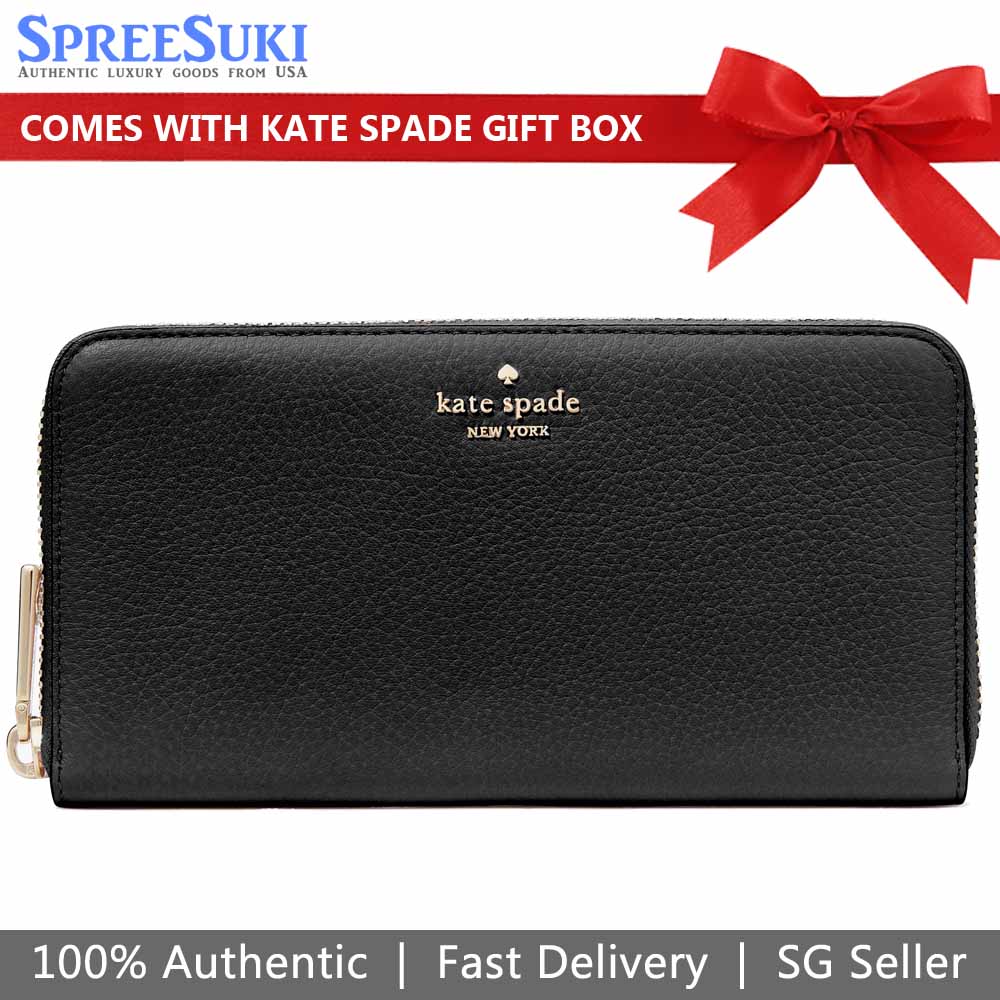 Kate Spade Long Wallet Lena Pebbled Leather Large Continental Wallet Zip Around Black # KH786