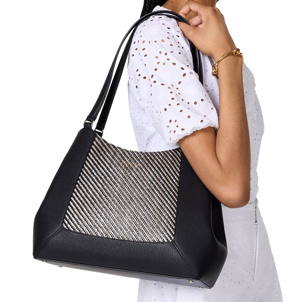 Kate Spade Lena Straw Triple Compartment Shoulder Bag Black Multi # KL033