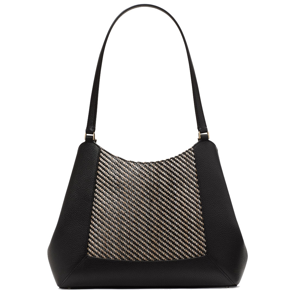 Kate Spade Lena Straw Triple Compartment Shoulder Bag Black Multi # KL033