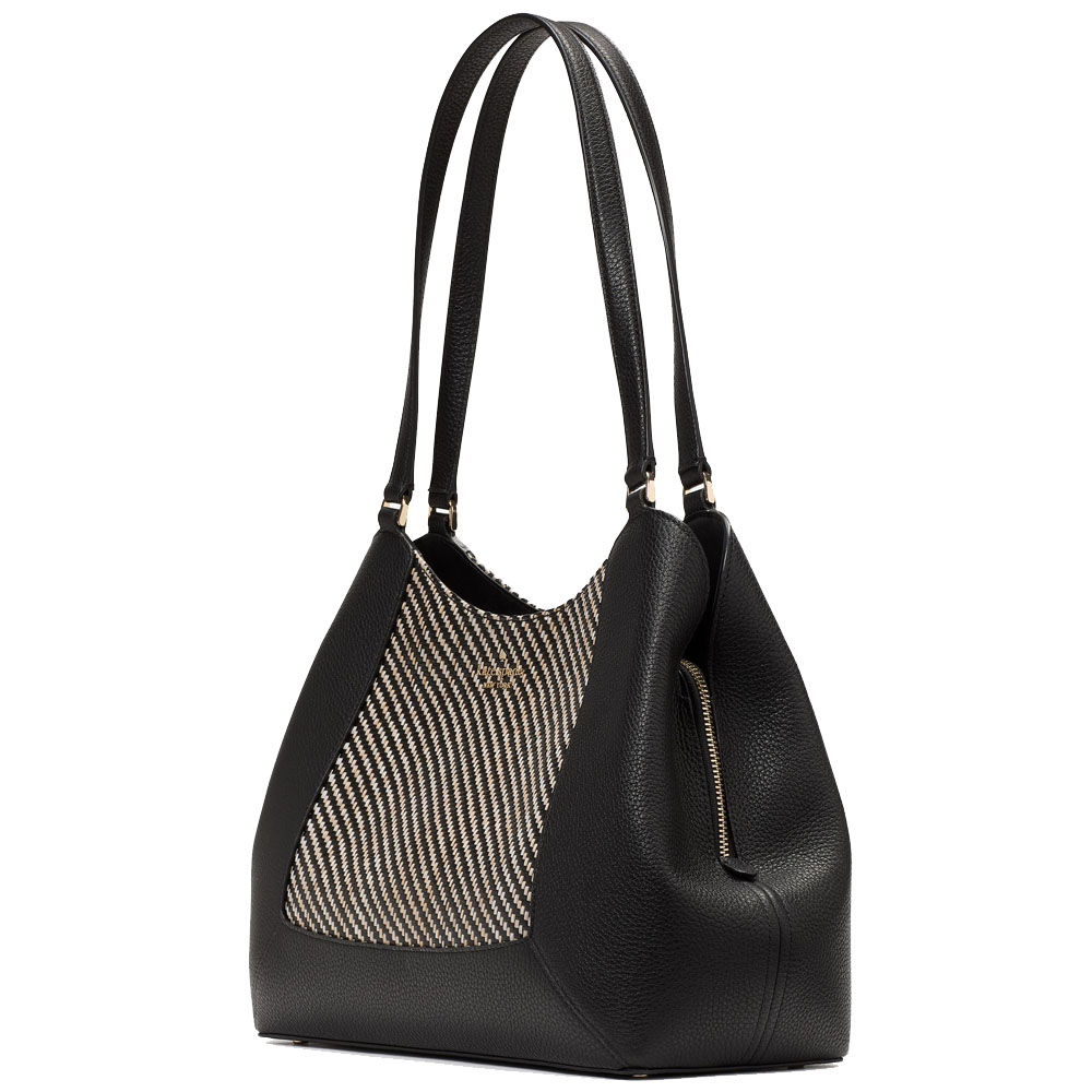 Kate Spade Lena Straw Triple Compartment Shoulder Bag Black Multi # KL033