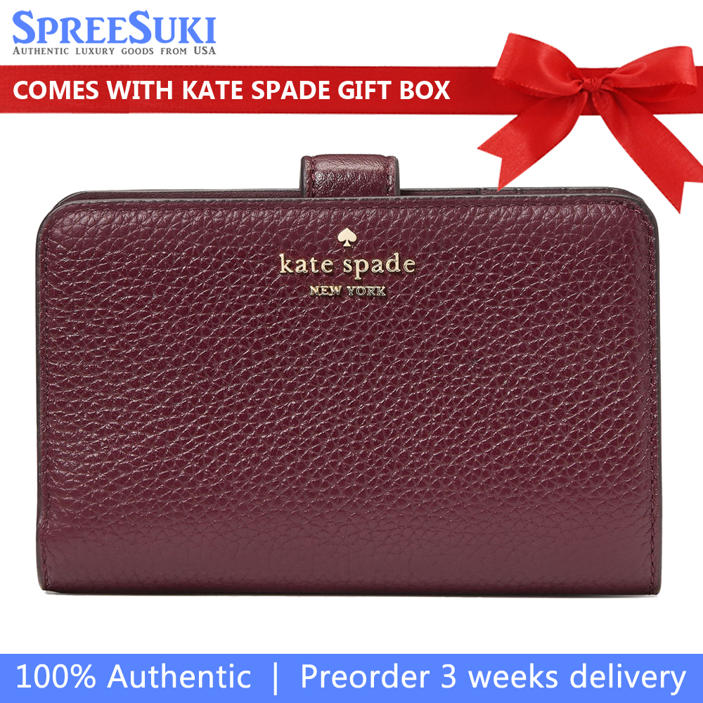 Kate Spade Medium Wallet Lena Pebbled Leather Medium Compact Bifold Wallet Cherrywood # KH787