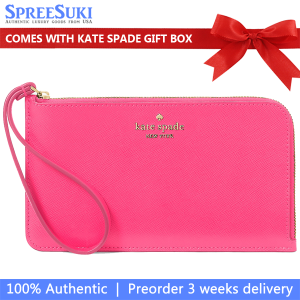 Kate Spade Large Wristlet Lucy Saffiano Leather Medium L-Zip Wristlet Pouch Wild Pink # KD546
