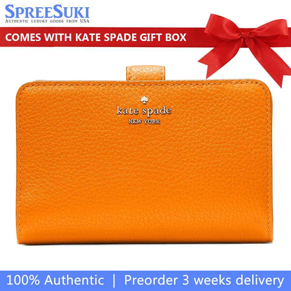 Kate Spade Medium Wallet Lena Pebbled Leather Medium Compact Bifold Wallet Orange Zinnia # KH787
