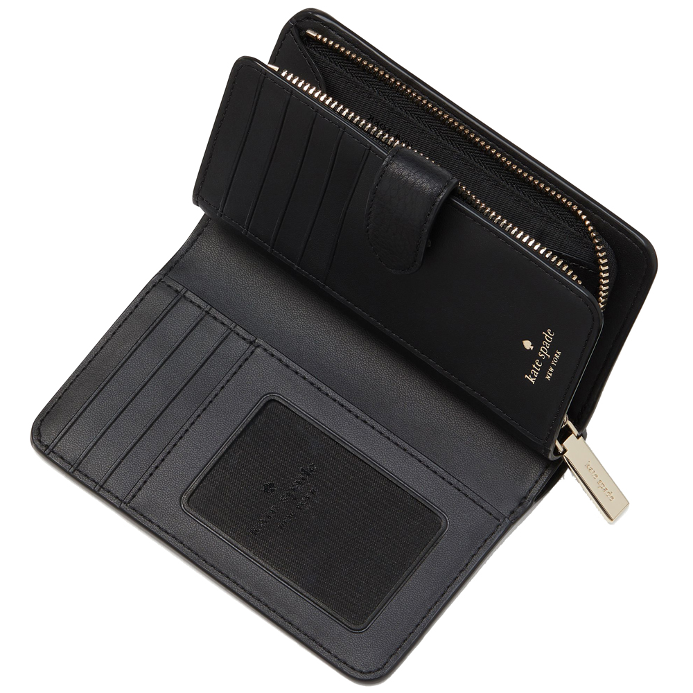 Kate Spade Medium Wallet Lena Pebbled Leather Medium Compact Bifold Wallet Black # KH787
