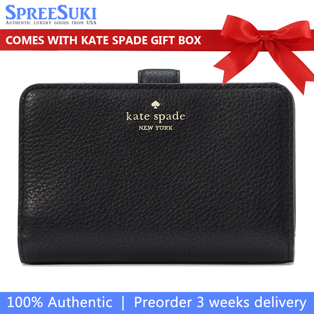 Kate Spade Medium Wallet Lena Pebbled Leather Medium Compact Bifold Wallet Black # KH787