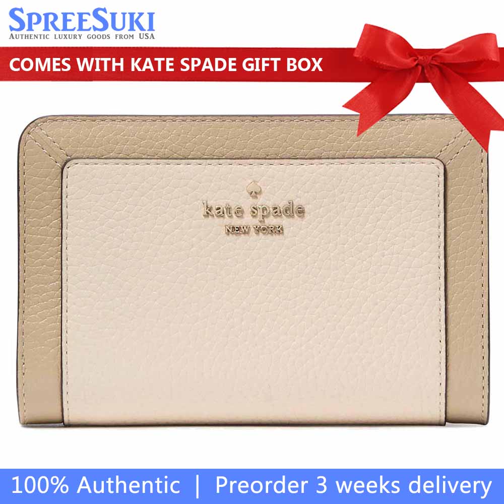 Kate Spade Medium Wallet Lena Colorblock Pebbled Medium Compact Bifold Light Sand Nude Beige # KI834