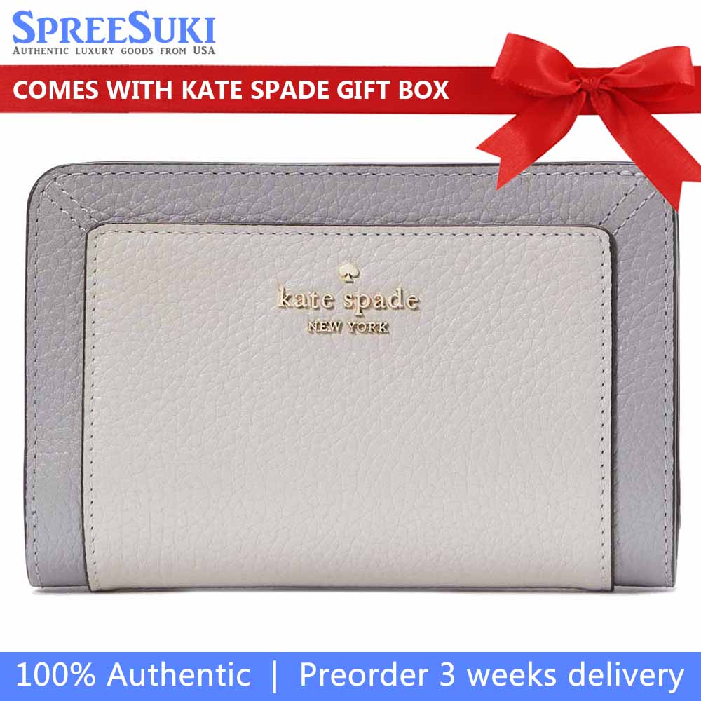 Kate Spade Medium Wallet Lena Colorblock Pebbled Medium Compact Bifold Mountain Grey # KI834