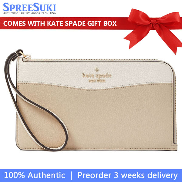 Kate Spade Large Wristlet Lucy Medium L-Zip Wristlet Light Sand Nude Beige # KE575