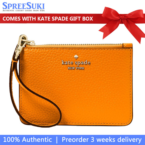 Kate Spade Lena Pebbled Leather Small Card Holder Wristlet Card Case Orange Zinnia # KH789