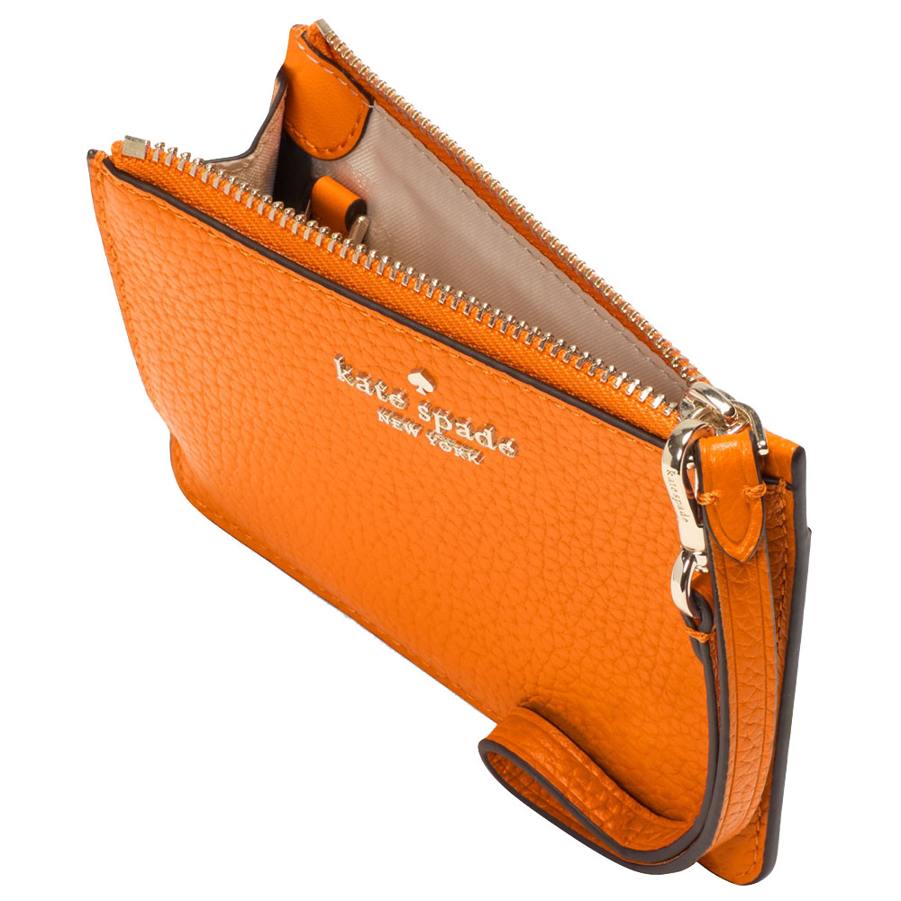 Kate Spade Lena Pebbled Leather Small Card Holder Wristlet Card Case Orange Zinnia # KH789